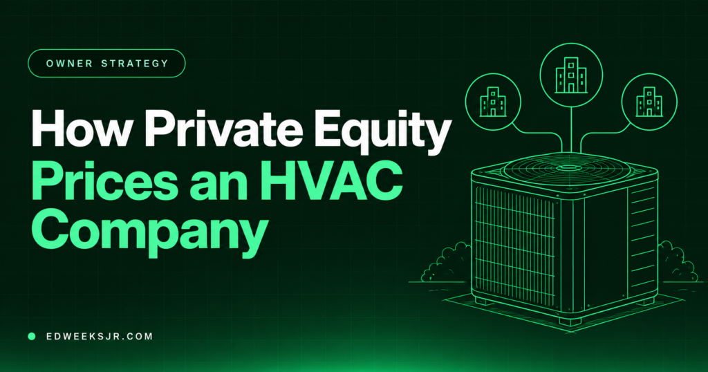 How private equity prices an HVAC company, with an HVAC unit and linked business icons.