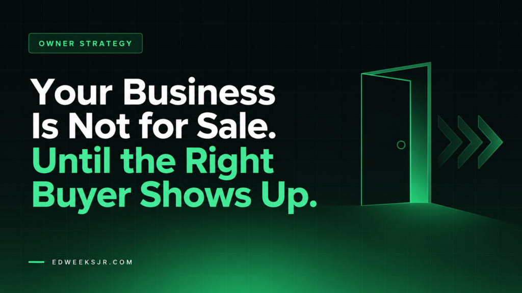 Your Business Is Not for Sale. Until the Right Buyer Shows Up — green open doorway on a dark background.