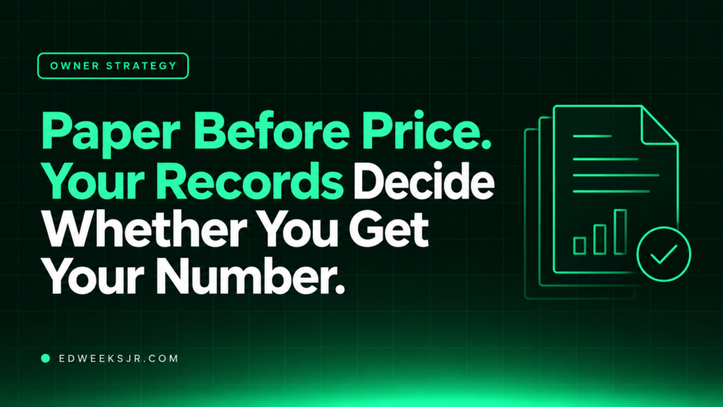 Paper Before Price — a stack of records, and the line that your records decide whether you get your number. Owner strategy.