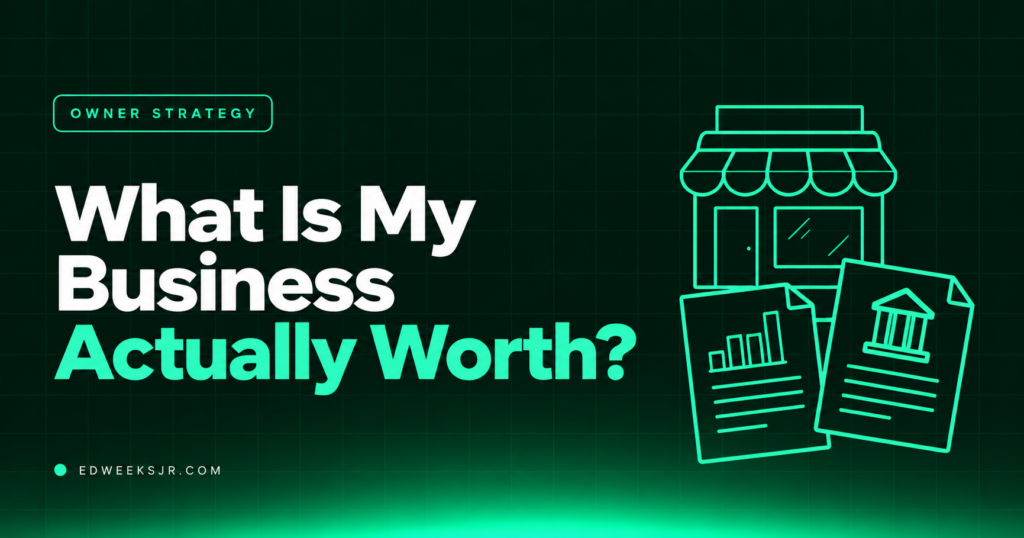 What Is My Business Actually Worth? White and mint text beside a storefront and financial documents on a dark green grid.
