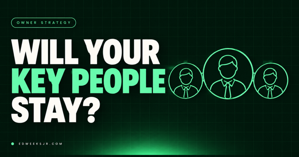 Will your key people stay? White and mint text with a line illustration of three connected team members on a dark green grid.