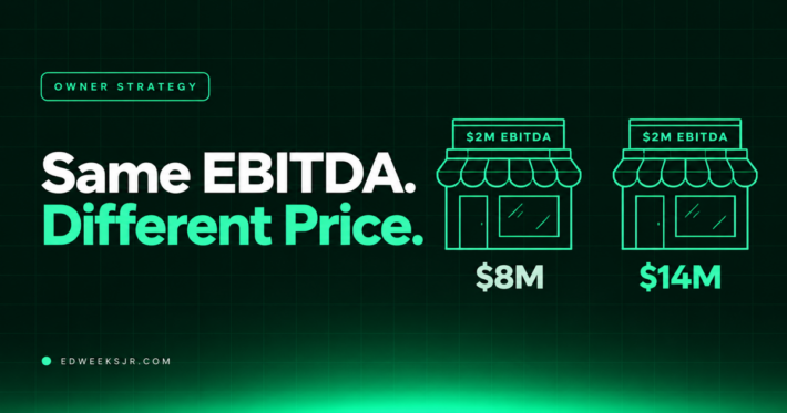 Two identical storefronts each labeled $2M EBITDA, with sale prices of $8M and $14M. Same EBITDA. Different Price.