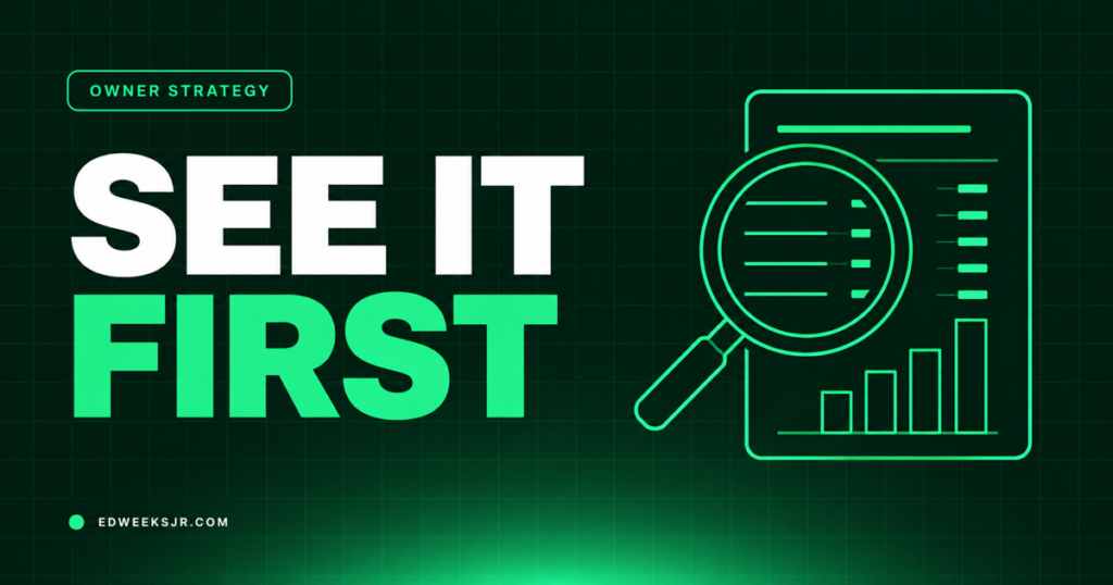 SEE IT FIRST in white and green beside a line illustration of a magnifying glass over a financial statement.